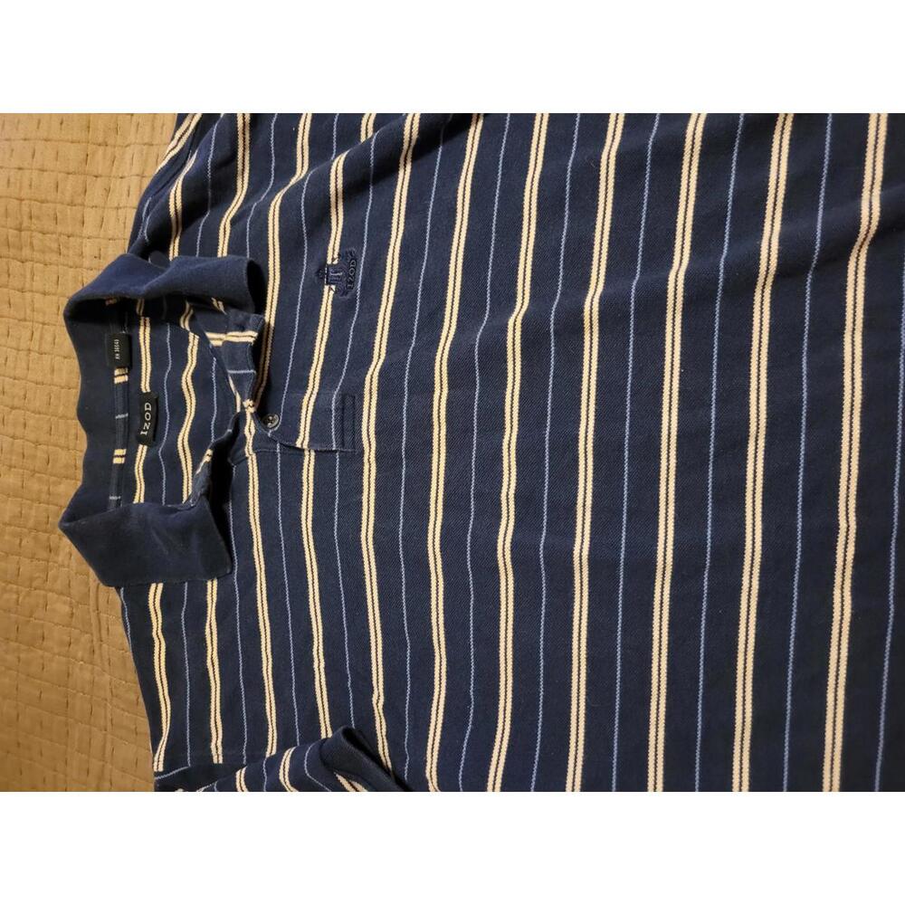 Izod Men’s XL Navy Blue Striped Polo Shirt 100% Cotton Classic Casual